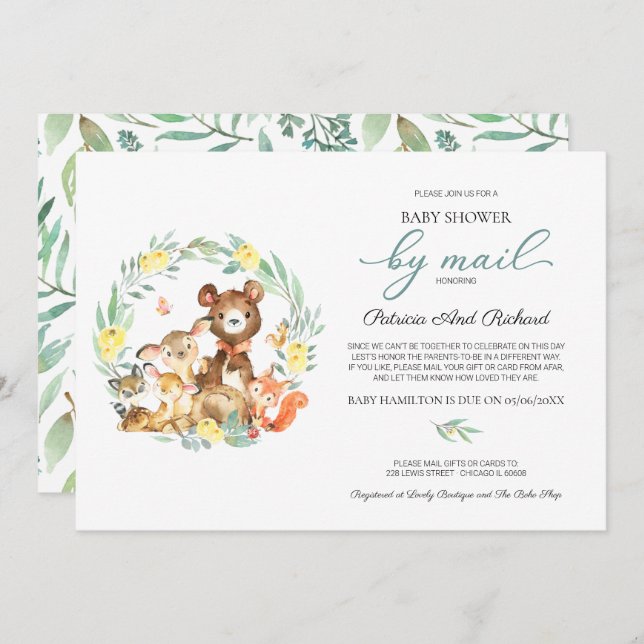 Cute Woodland Animals Greenery Baby Shower By Mail Invitation (Front/Back)