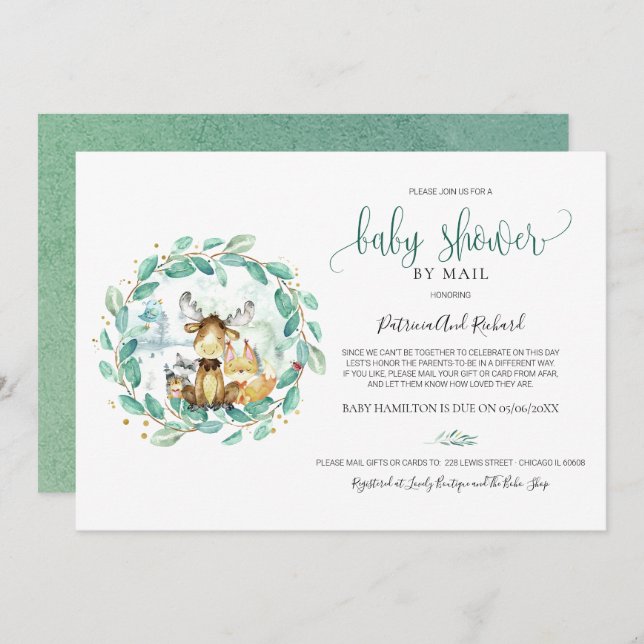 Cute Woodland Animals Greenery Baby Shower By Mail Invitation (Front/Back)