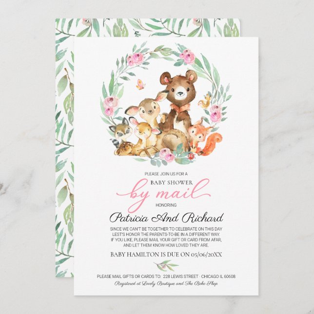 Cute Woodland Animals Greenery Baby Shower By Mail Invitation (Front/Back)