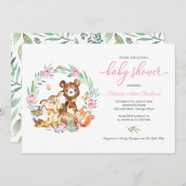 Cute Woodland Animals Greenery Baby Shower Invitat Invitation (Front/Back)