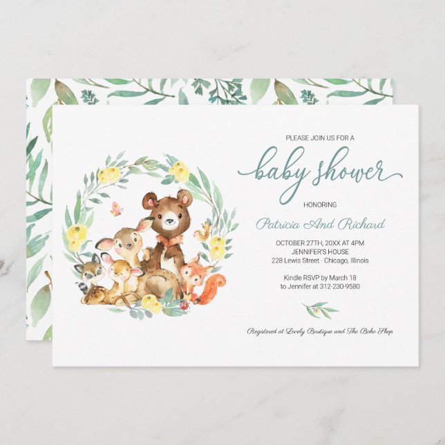 Cute Woodland Animals Greenery Baby Shower Invitat Invitation (Front/Back)