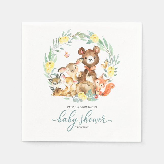 Cute Woodland Animals Greenery Baby Shower Napkin (Front)