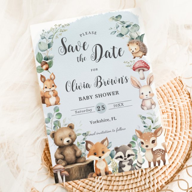 Cute Woodland Animals Greenery Blue Baby Shower Save The Date (Creator Uploaded)