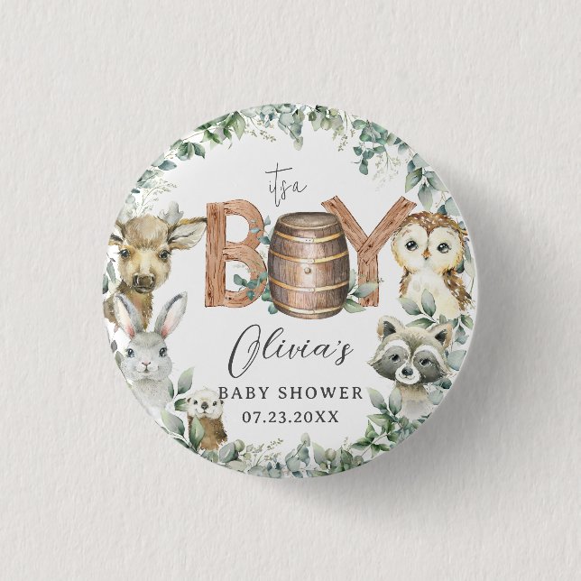 Cute Woodland Animals Greenery Boy Baby Shower  3 Cm Round Badge (Front)
