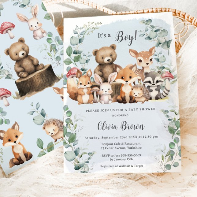 Cute Woodland Animals Greenery Boy Baby Shower Invitation (Creator Uploaded)