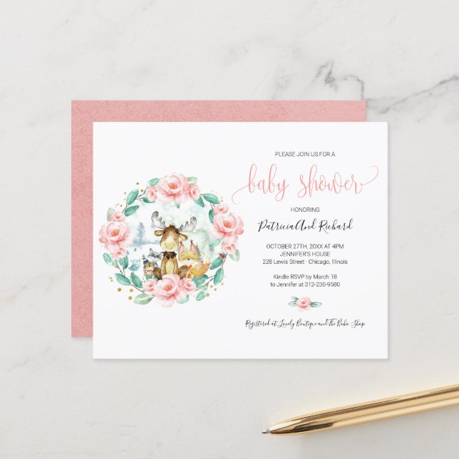 Cute Woodland Animals Greenery Budget Baby Shower (Front/Back In Situ)