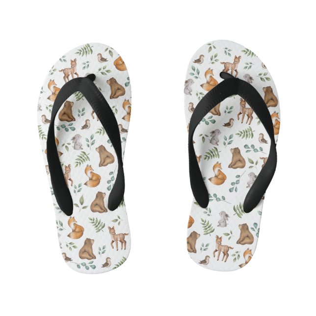 Cute Woodland Animals Greenery Forest Fable Kid's Thongs (Footbed)