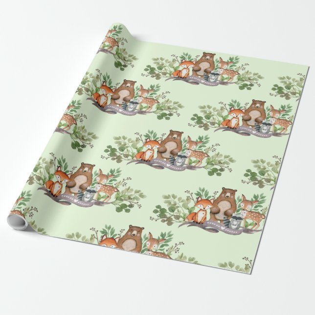 Cute Woodland Animals Greenery Forest Party Wrapping Paper (Unrolled)