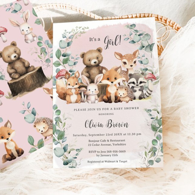Cute Woodland Animals Greenery Girl Baby Shower Invitation (Creator Uploaded)