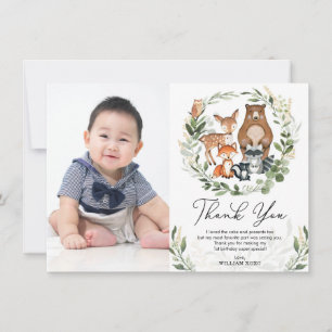 Cute Woodland Animals Greenery Gold Birthday Thank You Card