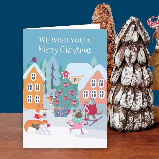 Cute Woodland Animals in Snow Merry Christmas Holiday Card (Kids Christmas Card. Buy professionally printed or as printable digital download.)