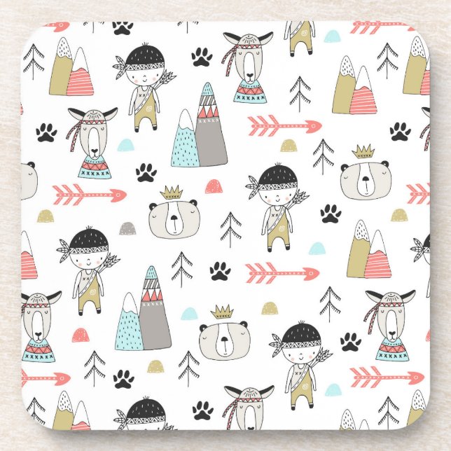 Cute Woodland Animals & Indian Boy Pattern Coaster (Front)