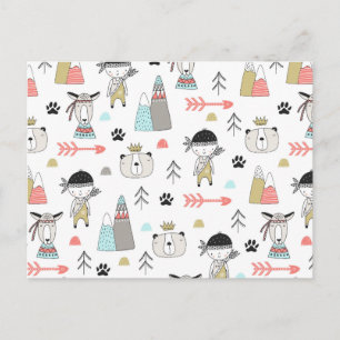 Cute Woodland Animals & Indian Boy Pattern Holiday Postcard