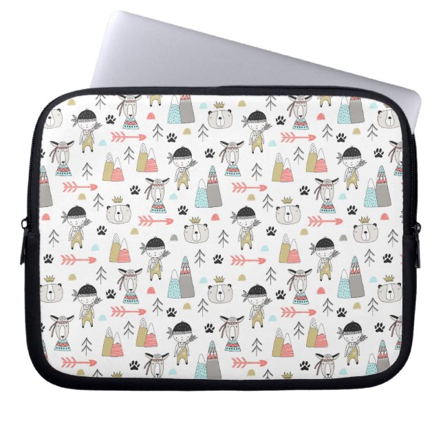 Cute Woodland Animals & Indian Boy Pattern Laptop Sleeve (Front)