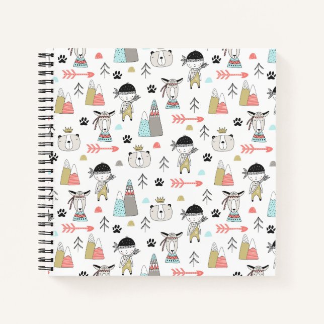 Cute Woodland Animals & Indian Boy Pattern Notebook (Front)