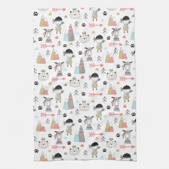 Cute Woodland Animals & Indian Boy Pattern Tea Towel (Vertical)