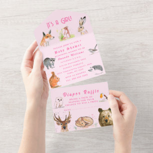 Cute Woodland Animals It's a Girl Baby Shower  All In One Invitation
