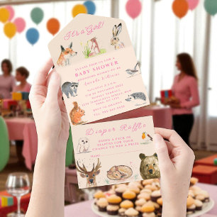 Cute Woodland Animals It's a Girl Baby Shower  All In One Invitation