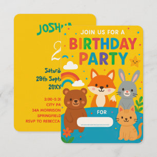 Cute Woodland Animals Kids Birthday Party Invitation