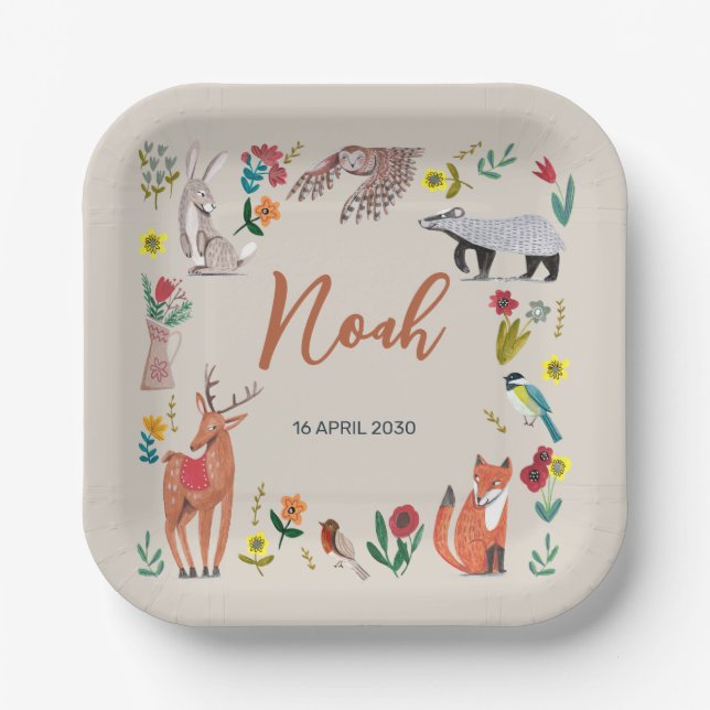 Cute Woodland Animals Neutral Baby Shower Paper Plate (Front)