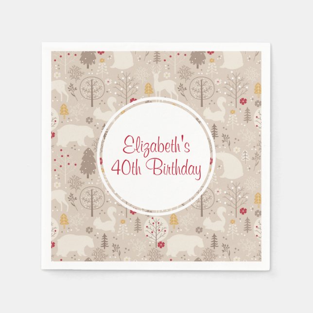 Cute Woodland Animals Nordic Pattern Birthday Napkin (Front)