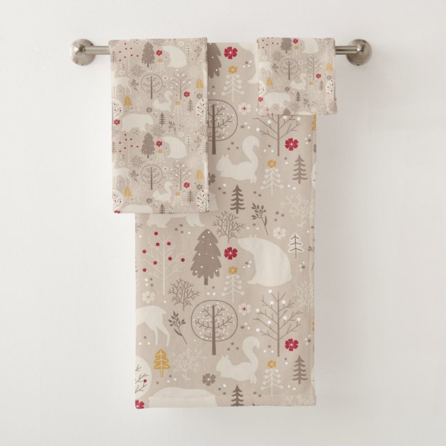 Cute Woodland Animals Nordic Pattern Christmas Bath Towel Set (Insitu)