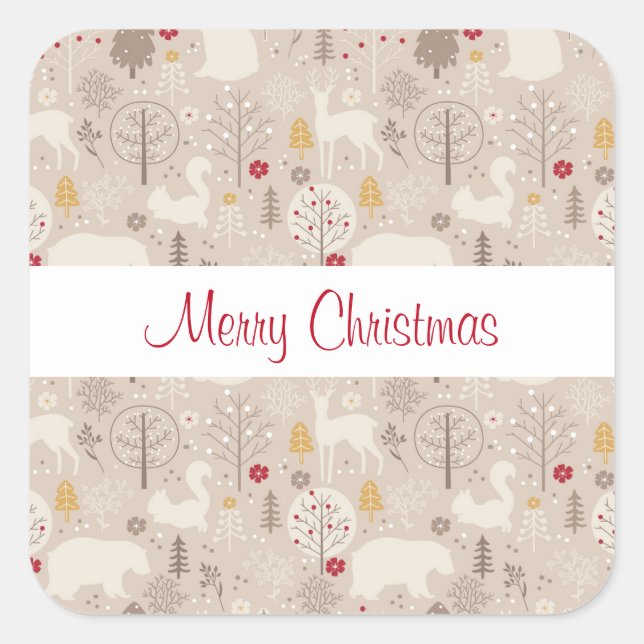 Cute Woodland Animals Nordic Pattern Christmas Square Sticker (Front)