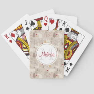 Cute Woodland Animals Nordic Pattern Monogram Playing Cards