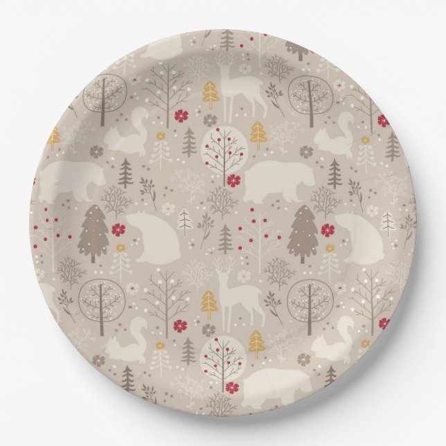 Cute Woodland Animals Nordic Pattern Paper Plate (Front)