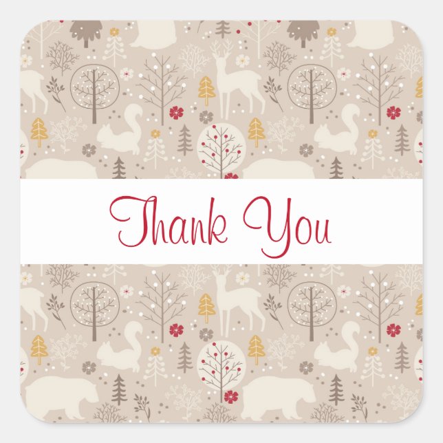 Cute Woodland Animals Nordic Pattern Thank You Square Sticker (Front)