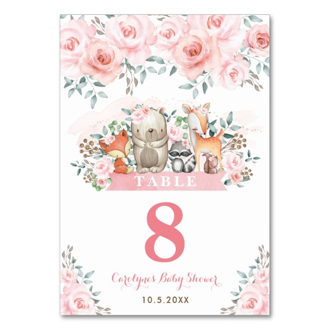 Cute Woodland Animals Pastel Pink Floral Baby Girl Table Number (Front)