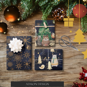 Cute Woodland animals Pattern Navy Blue Christmas Wrapping Paper Sheet