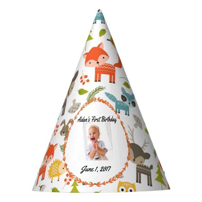 Cute Woodland Animals Personalised Photo Party Hat (Front)