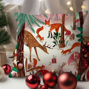 Cute Woodland animals pink and green forest Cushion