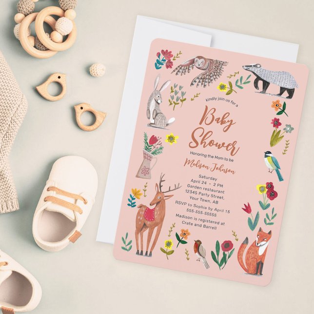 Cute Woodland Animals Pink Baby Shower  Invitation (Creator Uploaded)