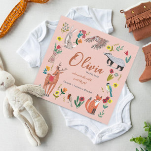 Cute Woodland Animals Pink Birth Announcement