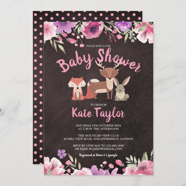 Cute Woodland Animals Pink Floral Baby Shower Invitation (Front/Back)