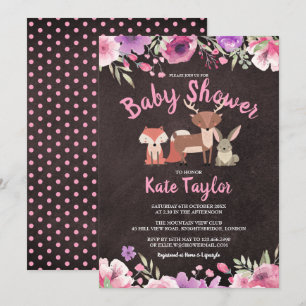 Cute Woodland Animals Pink Floral Baby Shower Invitation