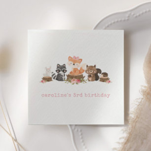 Cute Woodland Animals Pink Floral Birthday Party Napkin