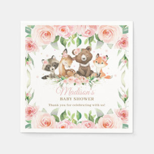 Cute Woodland Animals Pink Floral Girl Baby Shower Napkin