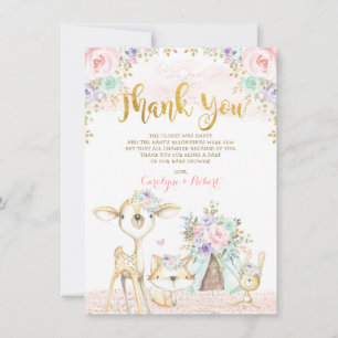 Cute Woodland Animals Pink Mint Gold Floral Thank You Card
