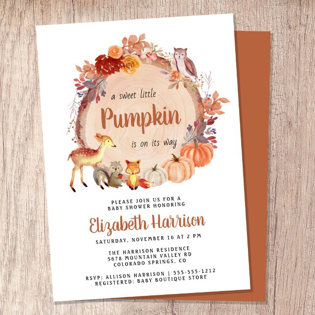 Cute Woodland Animals Pumpkin Baby Shower Invitation (Celebrate the upcoming arrival of your sweet little autumn baby with a pumpkin-themed baby shower)
