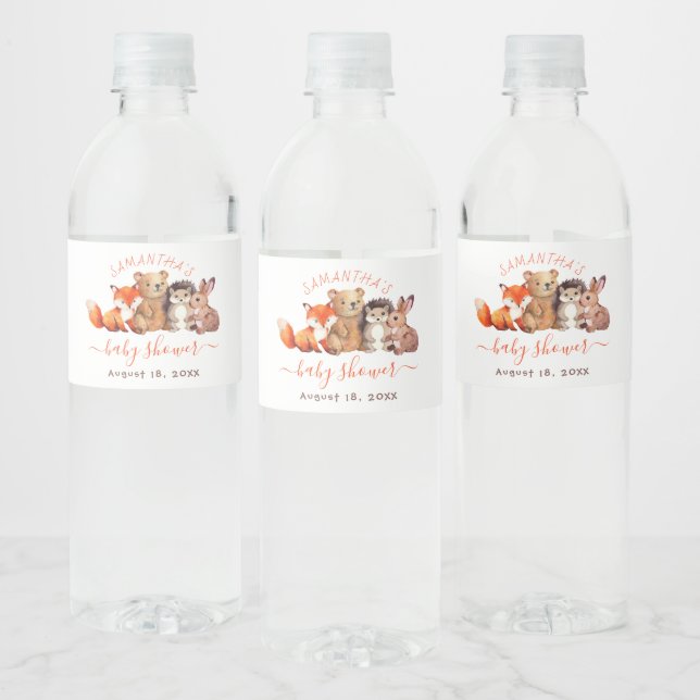 Cute Woodland Animals Red Handwriting Baby Shower Water Bottle Label (Bottles)