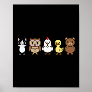 Cute Woodland Animals Row Cat Owl Chicken Duck Bea Poster