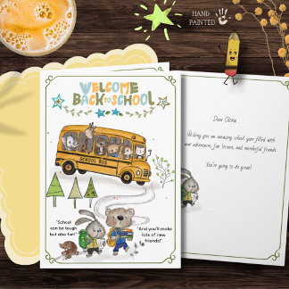 Cute Woodland Animals School Bus Back to School  Holiday Card