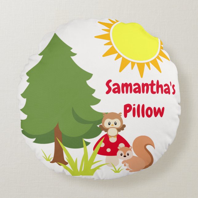 Cute Woodland Animals Squirrel & Owl Baby Nursery  Round Cushion (Front)