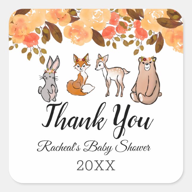 Cute Woodland Animals | Thank You Baby Shower Square Sticker (Front)