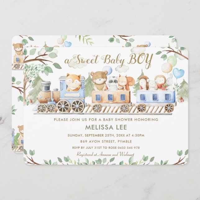 Cute Woodland Animals Train Greenery Baby Shower  Invitation (Front/Back)