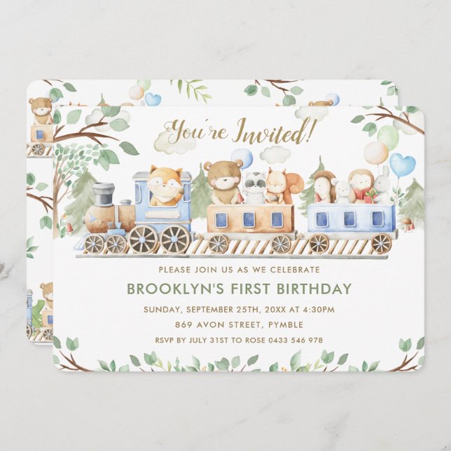 Cute Woodland Animals Train Greenery Birthday  Invitation (Front/Back)