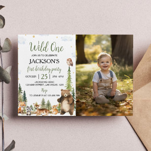 Cute Woodland Animals Wild One 1st Birthday Photo Invitation